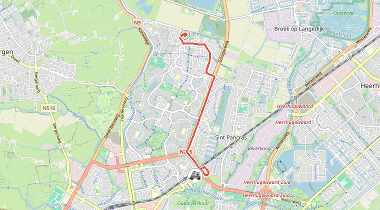 Kaart van de omgeving van de melding, met de kazerne die is gealarmeerd