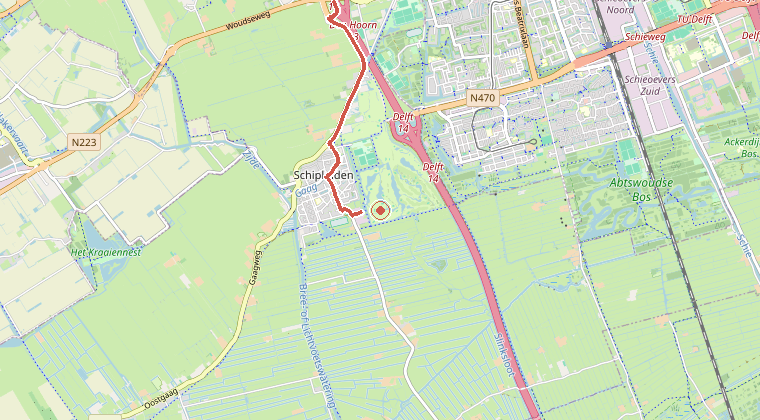 Kaart van de omgeving van de melding, met de kazerne die is gealarmeerd