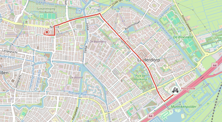 Kaart van de omgeving van de melding, met de kazerne die is gealarmeerd