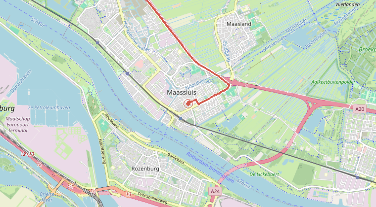 Kaart van de omgeving van de melding, met de kazerne die is gealarmeerd