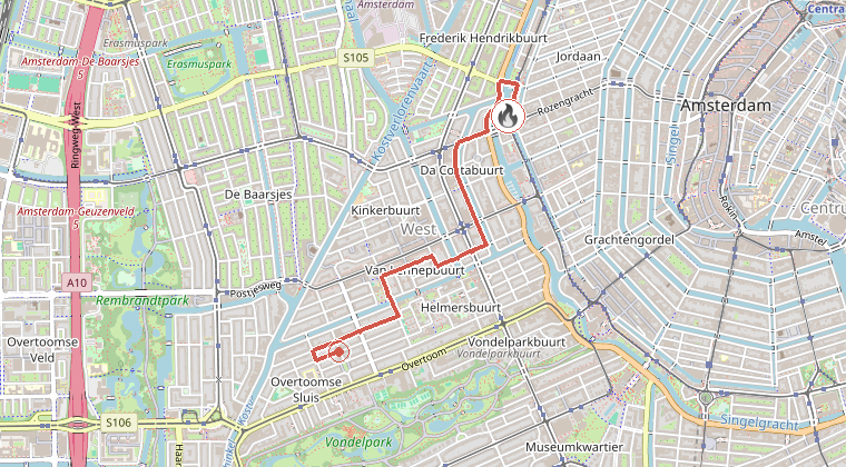 Kaart van de omgeving van de melding, met de kazerne die is gealarmeerd