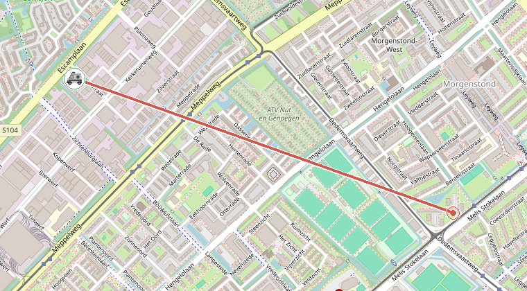 Kaart van de omgeving van de melding, met de kazerne die is gealarmeerd