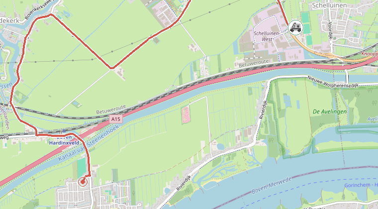 Kaart van de omgeving van de melding, met de kazerne die is gealarmeerd