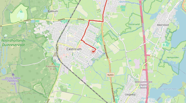 Kaart van de omgeving van de melding, met de kazerne die is gealarmeerd