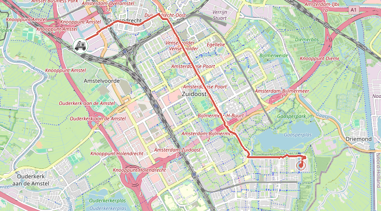 Kaart van de omgeving van de melding, met de kazerne die is gealarmeerd