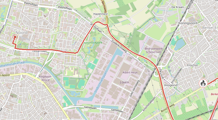 Kaart van de omgeving van de melding, met de kazerne die is gealarmeerd