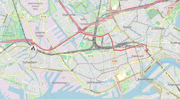 Kaart van de omgeving van de melding, met de kazerne die is gealarmeerd
