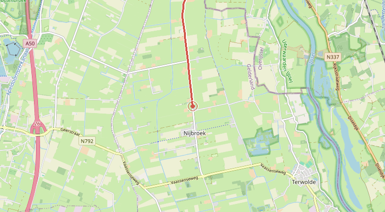 Kaart van de omgeving van de melding, met de kazerne die is gealarmeerd