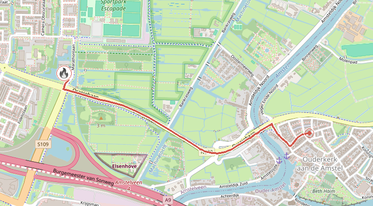 Kaart van de omgeving van de melding, met de kazerne die is gealarmeerd