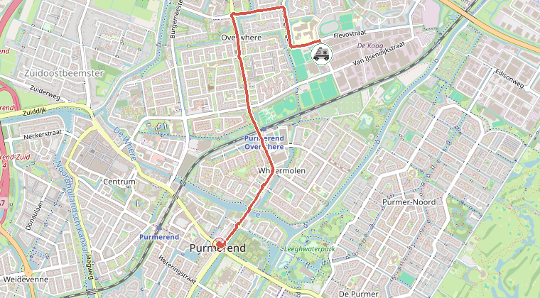 Kaart van de omgeving van de melding, met de kazerne die is gealarmeerd