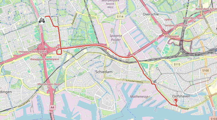 Kaart van de omgeving van de melding, met de kazerne die is gealarmeerd