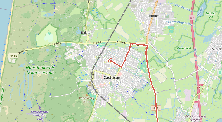 Kaart van de omgeving van de melding, met de kazerne die is gealarmeerd