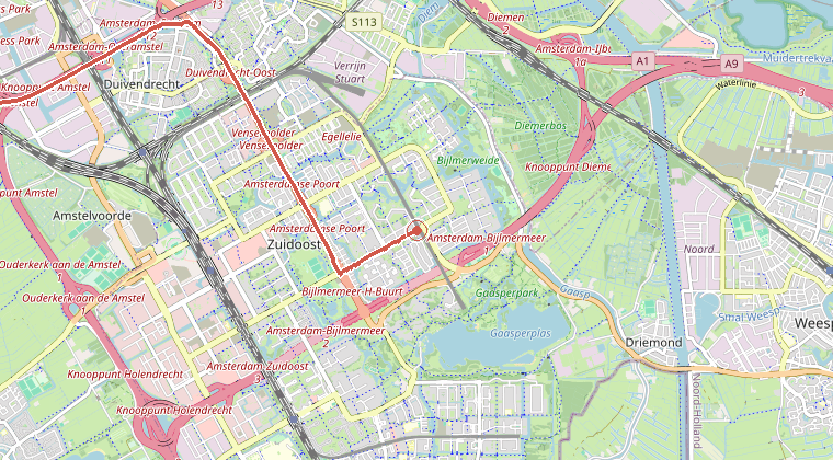 Kaart van de omgeving van de melding, met de kazerne die is gealarmeerd