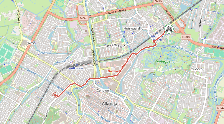 Kaart van de omgeving van de melding, met de kazerne die is gealarmeerd