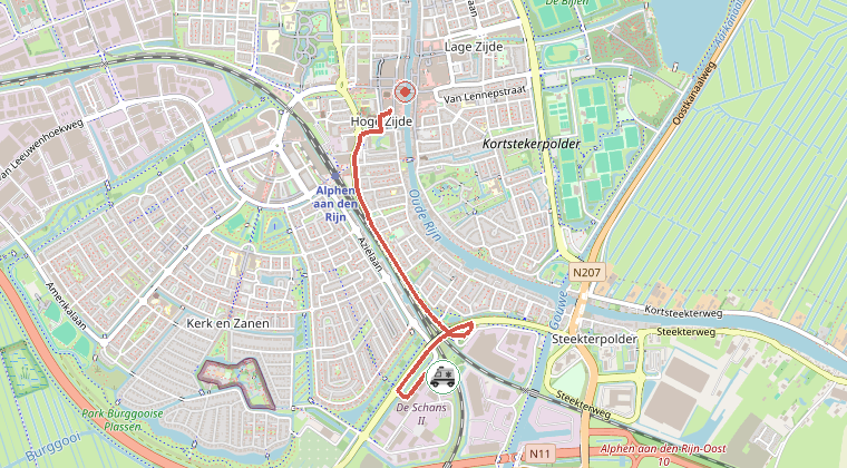 Kaart van de omgeving van de melding, met de kazerne die is gealarmeerd
