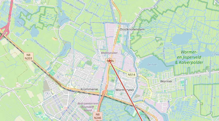 Kaart van de omgeving van de melding, met de kazerne die is gealarmeerd