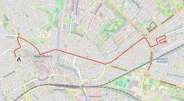 Kaart van de omgeving van de melding, met de kazerne die is gealarmeerd