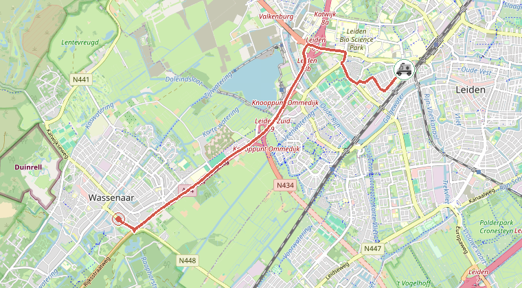 Kaart van de omgeving van de melding, met de kazerne die is gealarmeerd