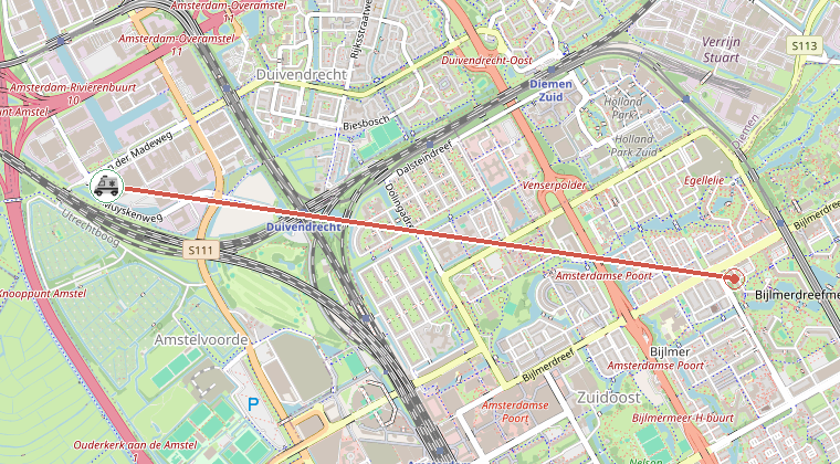 Kaart van de omgeving van de melding, met de kazerne die is gealarmeerd