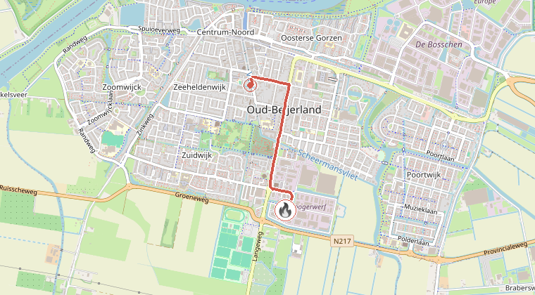 Kaart van de omgeving van de melding, met de kazerne die is gealarmeerd