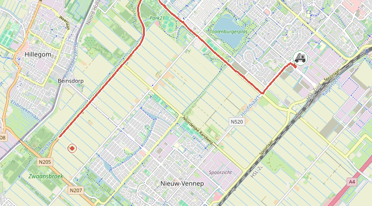 Kaart van de omgeving van de melding, met de kazerne die is gealarmeerd