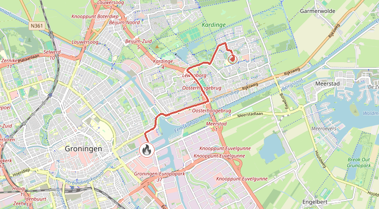 Kaart van de omgeving van de melding, met de kazerne die is gealarmeerd