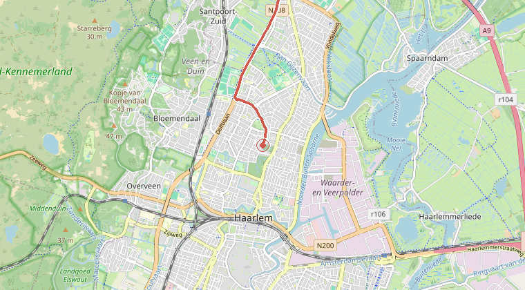 Kaart van de omgeving van de melding, met de kazerne die is gealarmeerd