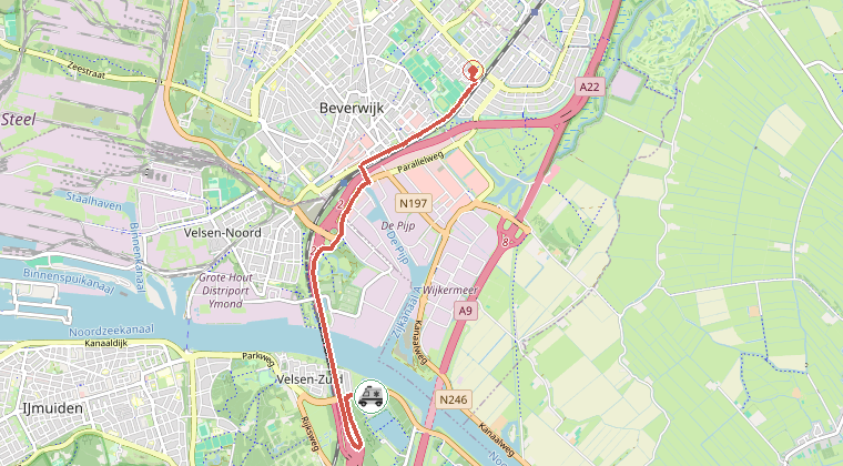 Kaart van de omgeving van de melding, met de kazerne die is gealarmeerd