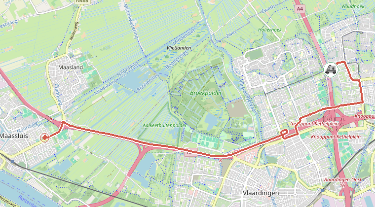 Kaart van de omgeving van de melding, met de kazerne die is gealarmeerd