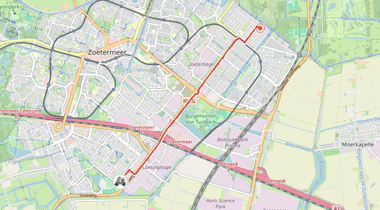 Kaart van de omgeving van de melding, met de kazerne die is gealarmeerd