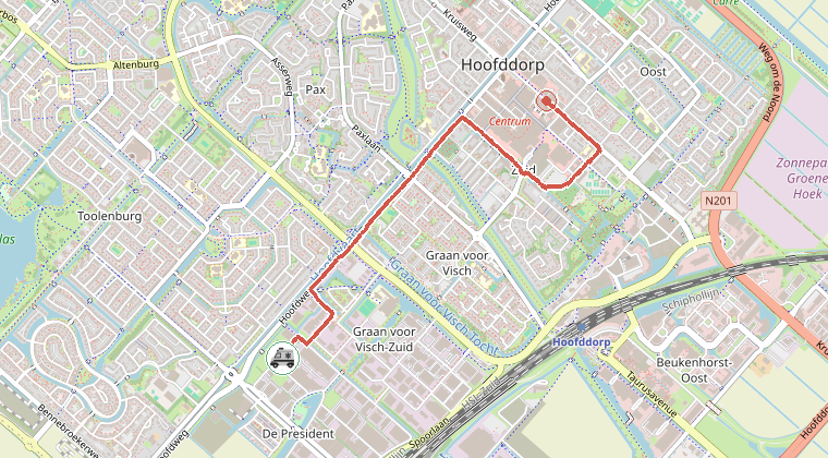 Kaart van de omgeving van de melding, met de kazerne die is gealarmeerd