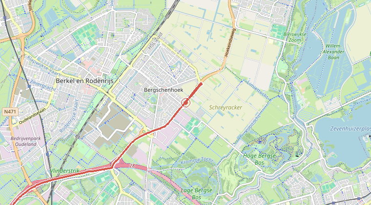 Kaart van de omgeving van de melding, met de kazerne die is gealarmeerd