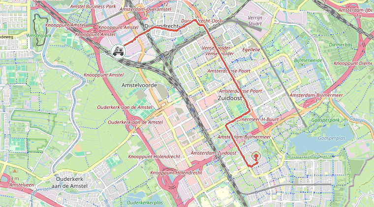 Kaart van de omgeving van de melding, met de kazerne die is gealarmeerd