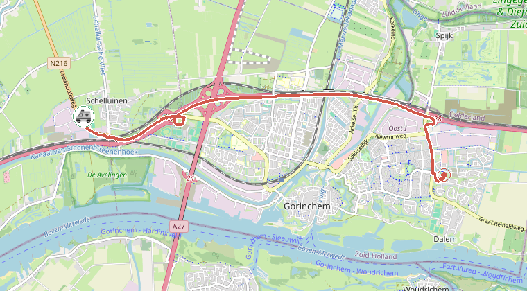 Kaart van de omgeving van de melding, met de kazerne die is gealarmeerd