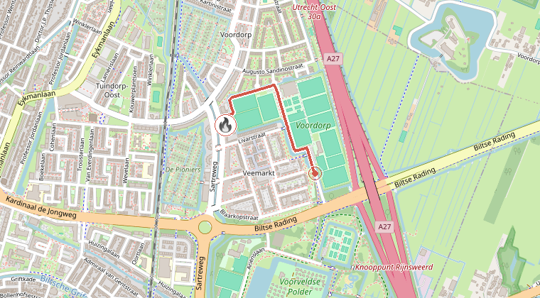 Kaart van de omgeving van de melding, met de kazerne die is gealarmeerd