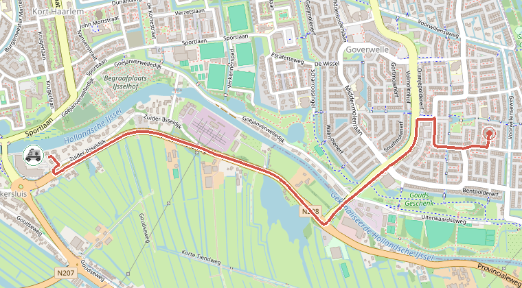 Kaart van de omgeving van de melding, met de kazerne die is gealarmeerd