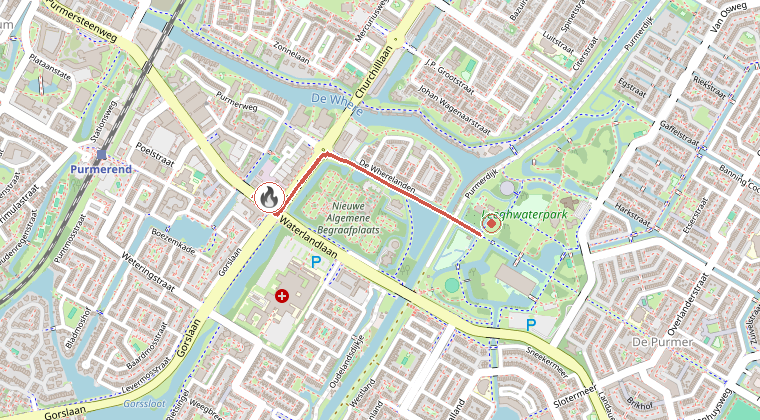 Kaart van de omgeving van de melding, met de kazerne die is gealarmeerd