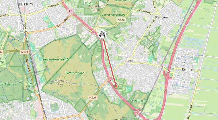 Kaart van de omgeving van de melding, met de kazerne die is gealarmeerd