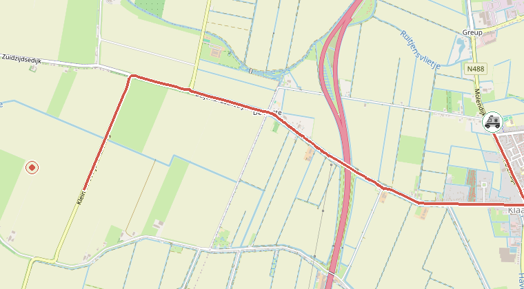 Kaart van de omgeving van de melding, met de kazerne die is gealarmeerd