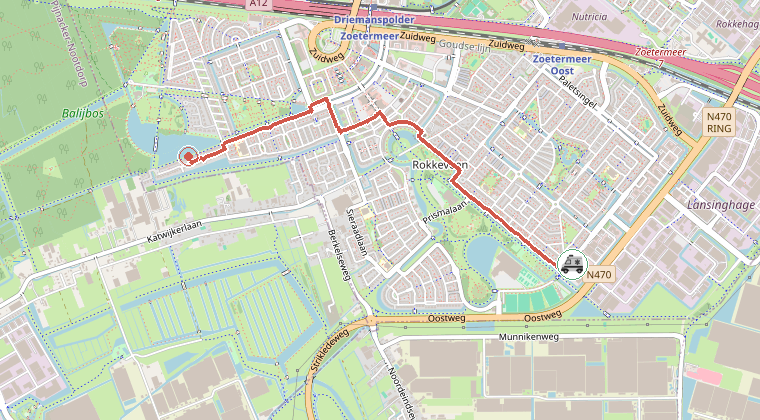 Kaart van de omgeving van de melding, met de kazerne die is gealarmeerd