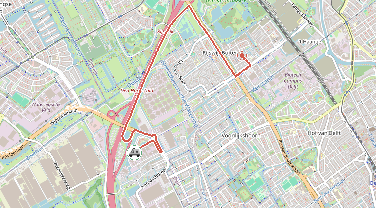 Kaart van de omgeving van de melding, met de kazerne die is gealarmeerd