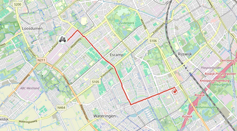 Kaart van de omgeving van de melding, met de kazerne die is gealarmeerd