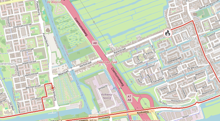 Kaart van de omgeving van de melding, met de kazerne die is gealarmeerd