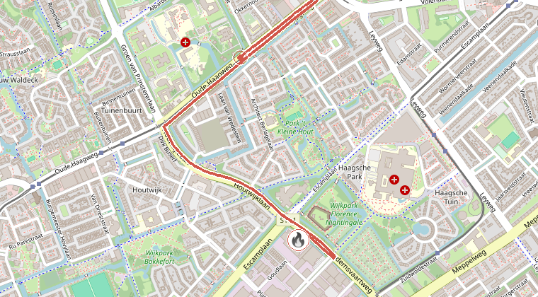 Kaart van de omgeving van de melding, met de kazerne die is gealarmeerd