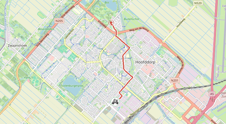 Kaart van de omgeving van de melding, met de kazerne die is gealarmeerd