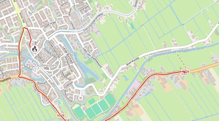 Kaart van de omgeving van de melding, met de kazerne die is gealarmeerd