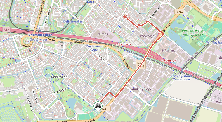 Kaart van de omgeving van de melding, met de kazerne die is gealarmeerd