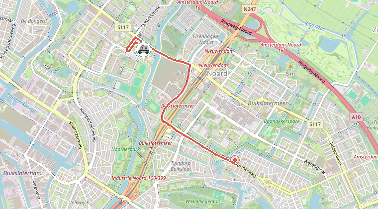 Kaart van de omgeving van de melding, met de kazerne die is gealarmeerd