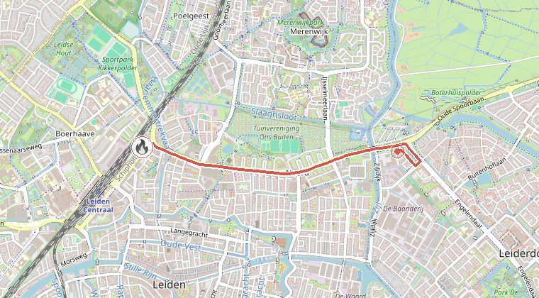 Kaart van de omgeving van de melding, met de kazerne die is gealarmeerd