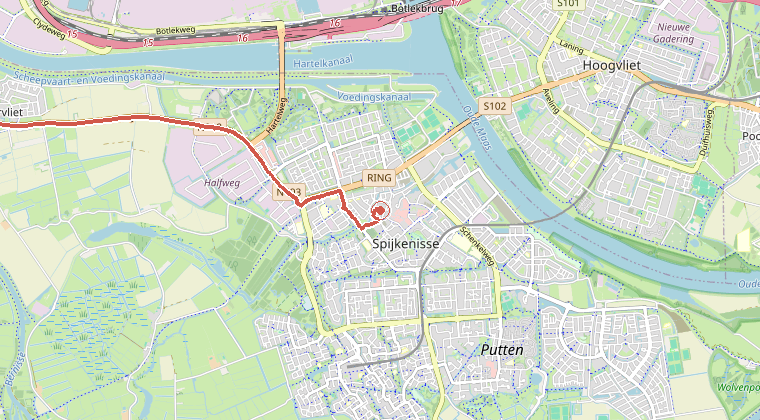 Kaart van de omgeving van de melding, met de kazerne die is gealarmeerd